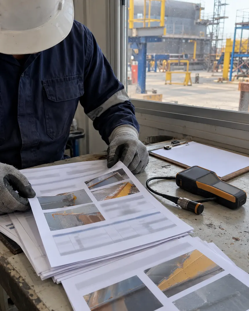 Técnico organizando um relatório técnico com fotos sobre a bancada da obra
