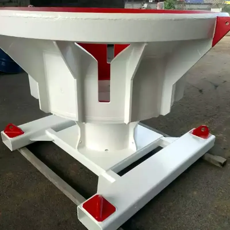 Peça industrial pintada em branco com detalhes em vermelho